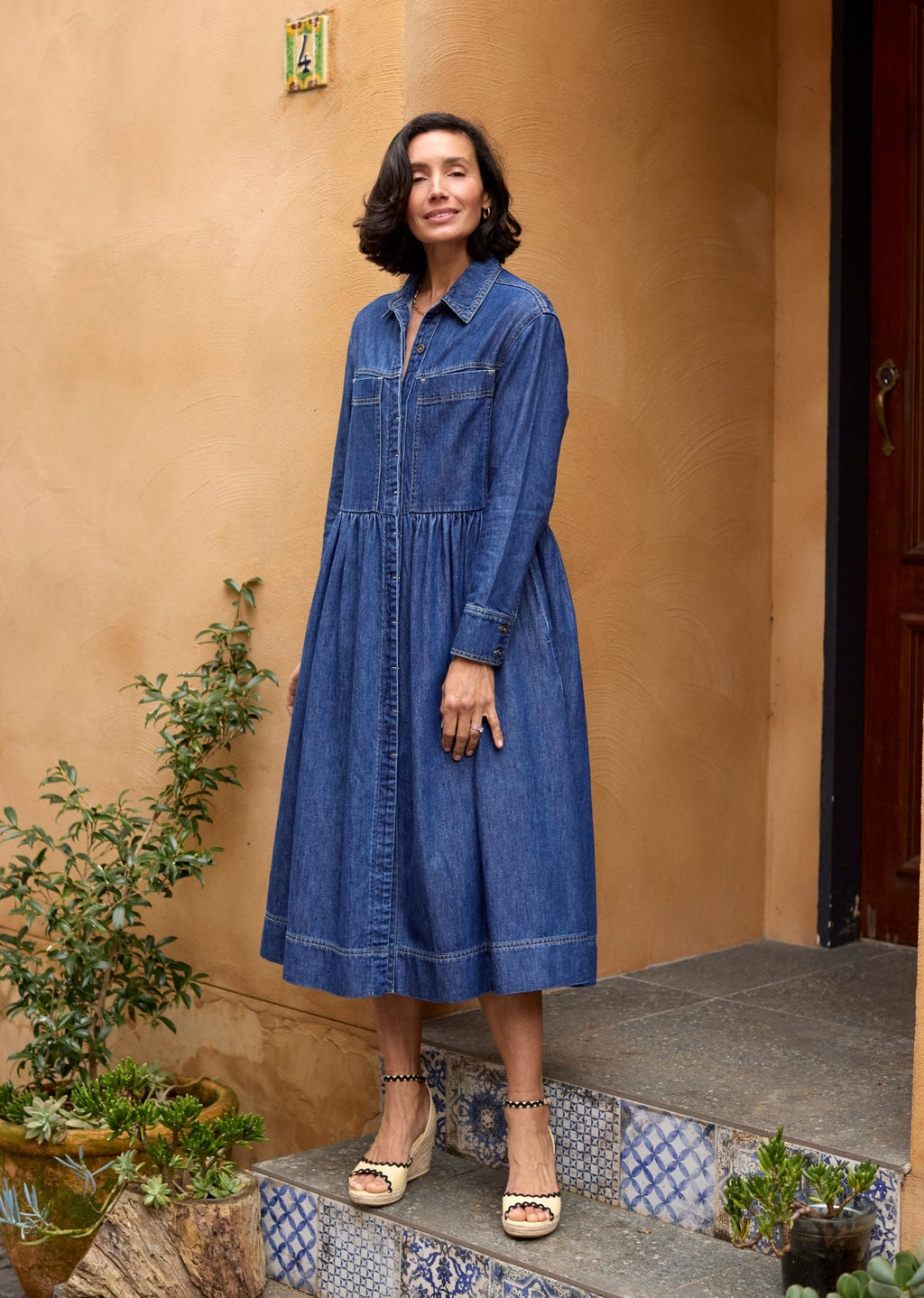 HARPER LONG SLEEVE DENIM SHIRTDRESS - MID BLUE