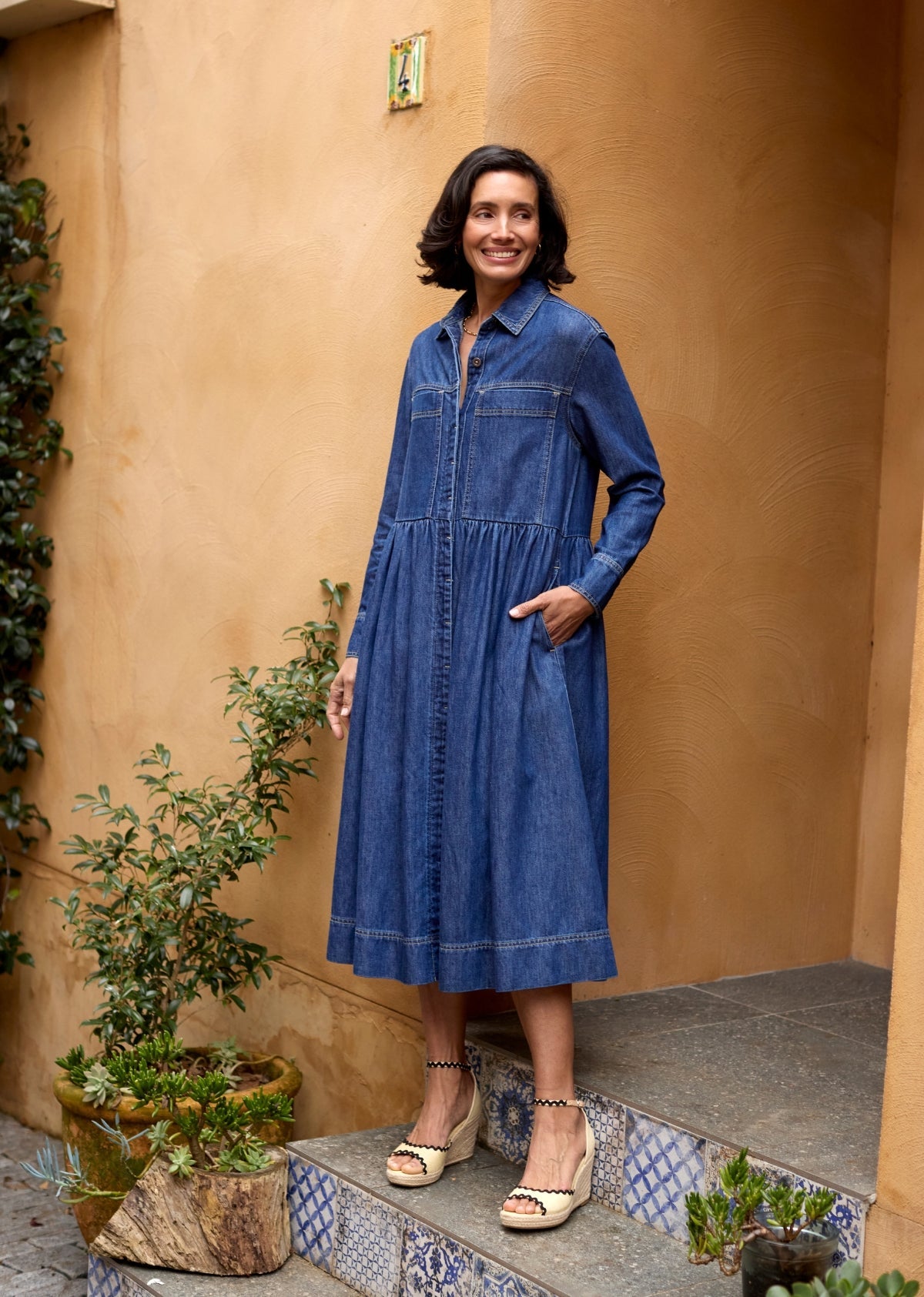 HARPER LONG SLEEVE DENIM SHIRTDRESS - MID BLUE