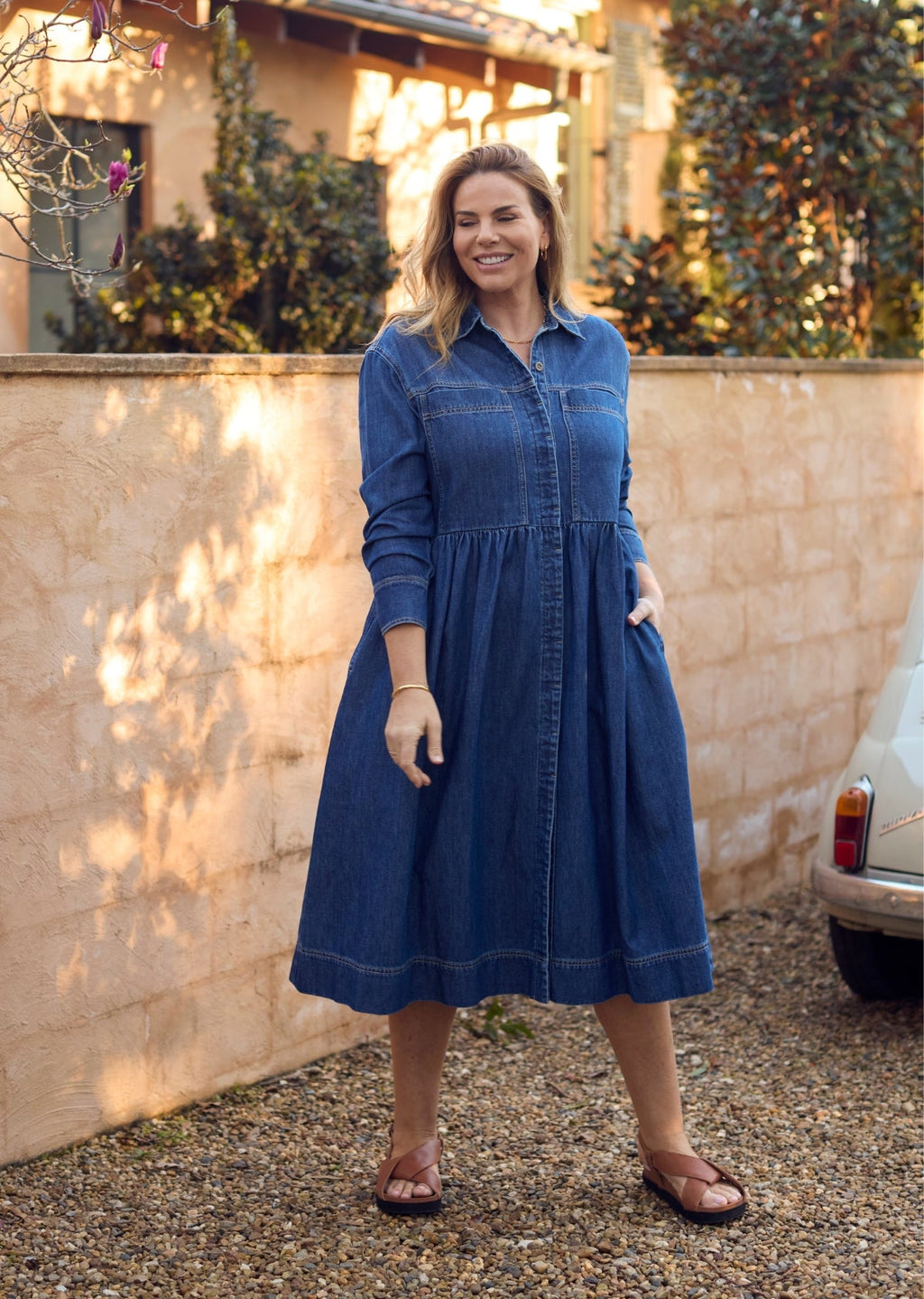 HARPER LONG SLEEVE DENIM SHIRTDRESS - MID BLUE