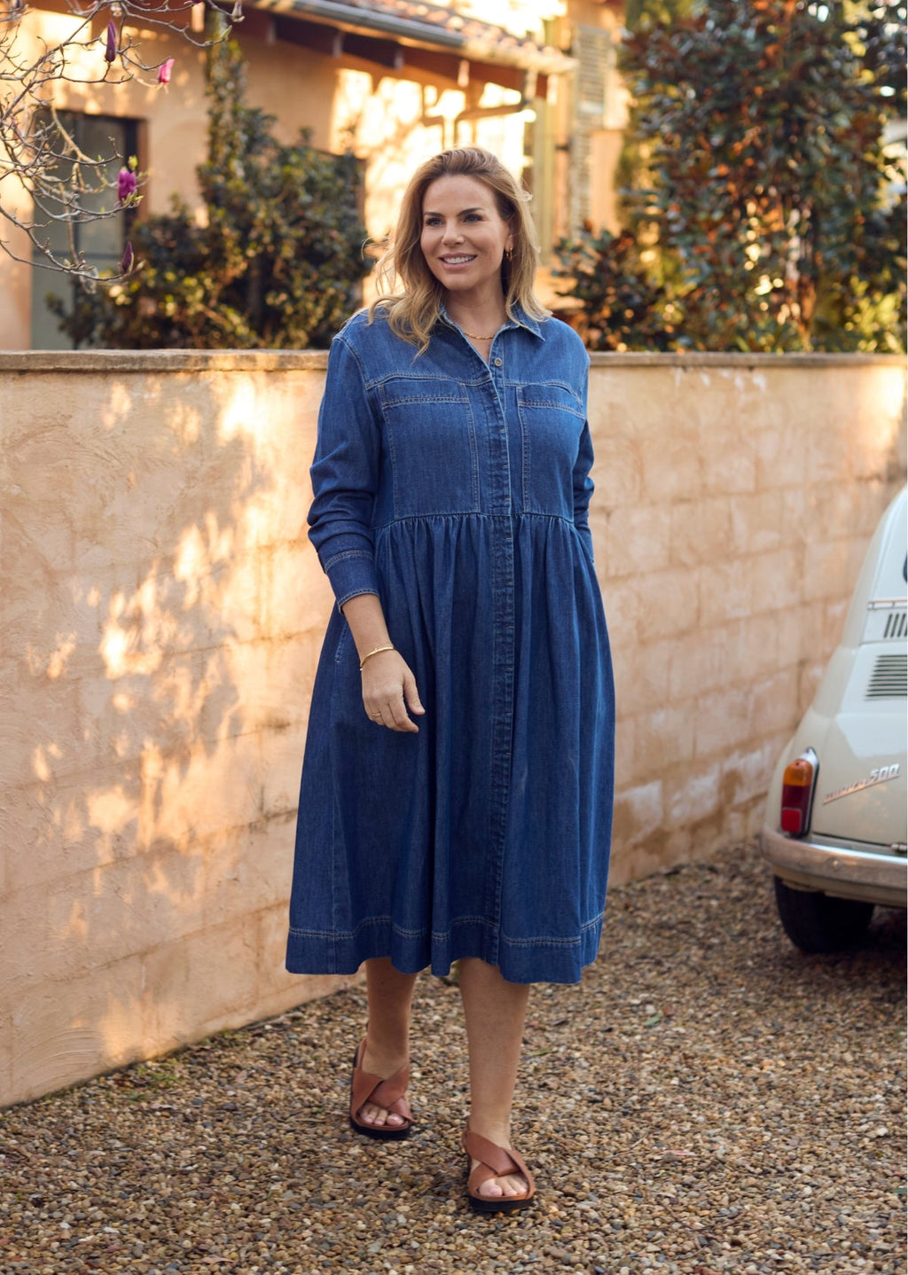 HARPER LONG SLEEVE DENIM SHIRTDRESS - MID BLUE